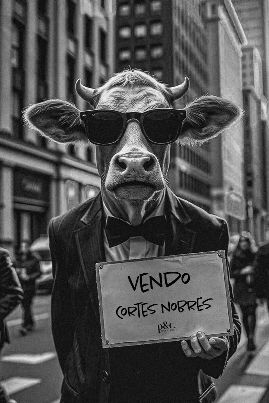 Uma vaca de óculos escuros e terno segura uma placa escrita 'Vendo cortes nobres' em uma rua movimentada